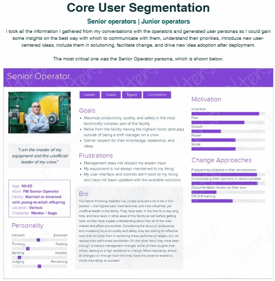 Senior Operator user persona showing goals, frustrations, personality, and change approaches