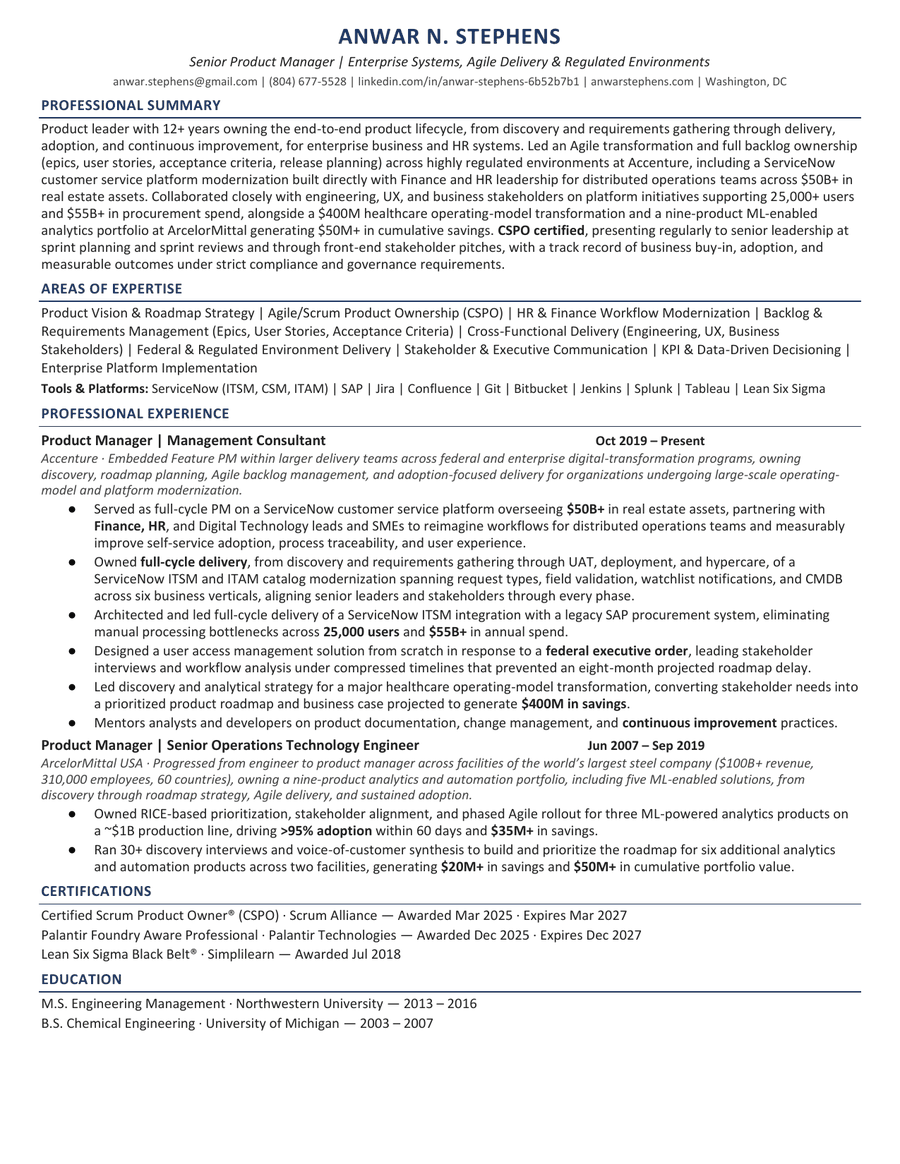 Product Management & Digital Transformation resume preview