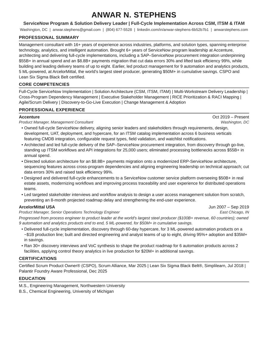 ServiceNow program and solution delivery resume preview